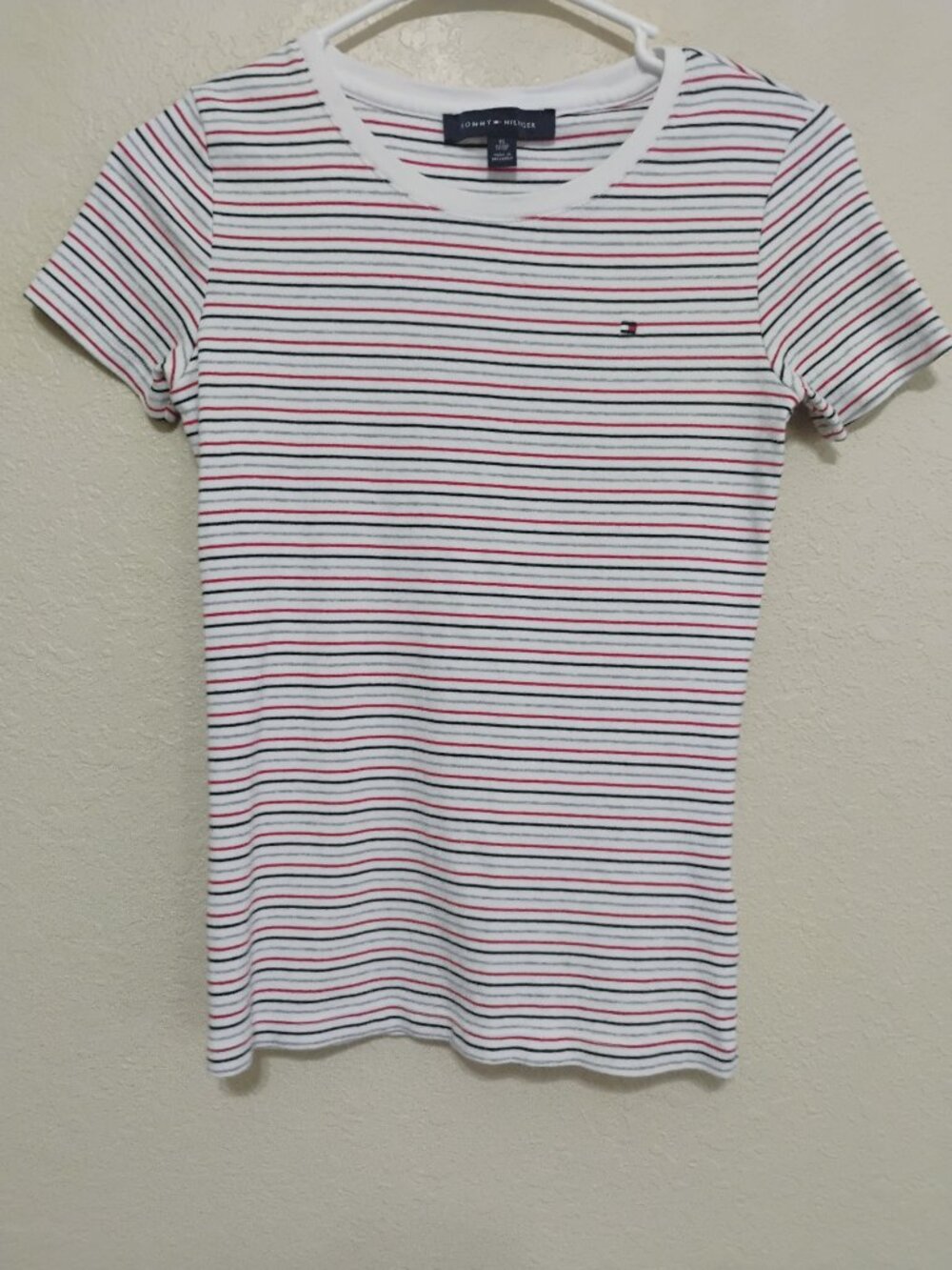 Tommy Hilfiger Striped Tee XS Cotton White Red Blue Logo Top